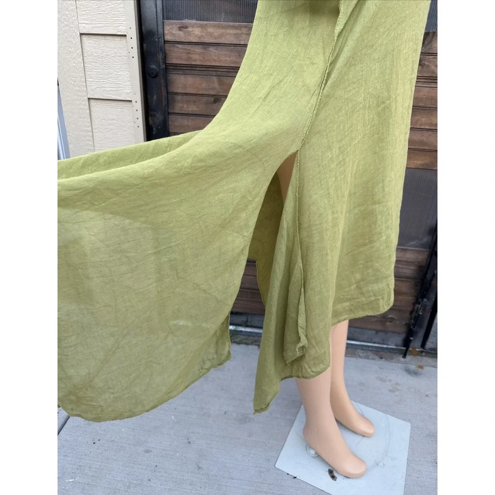 Made in Italy Linen Lagenlook Tunic Dress Chartreuse Asymmetrical Ruched Yellow